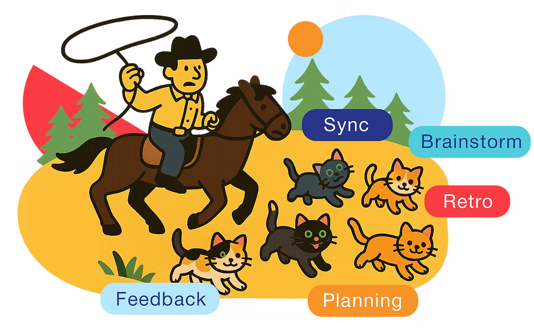 Cat wrangler illustration with session labels